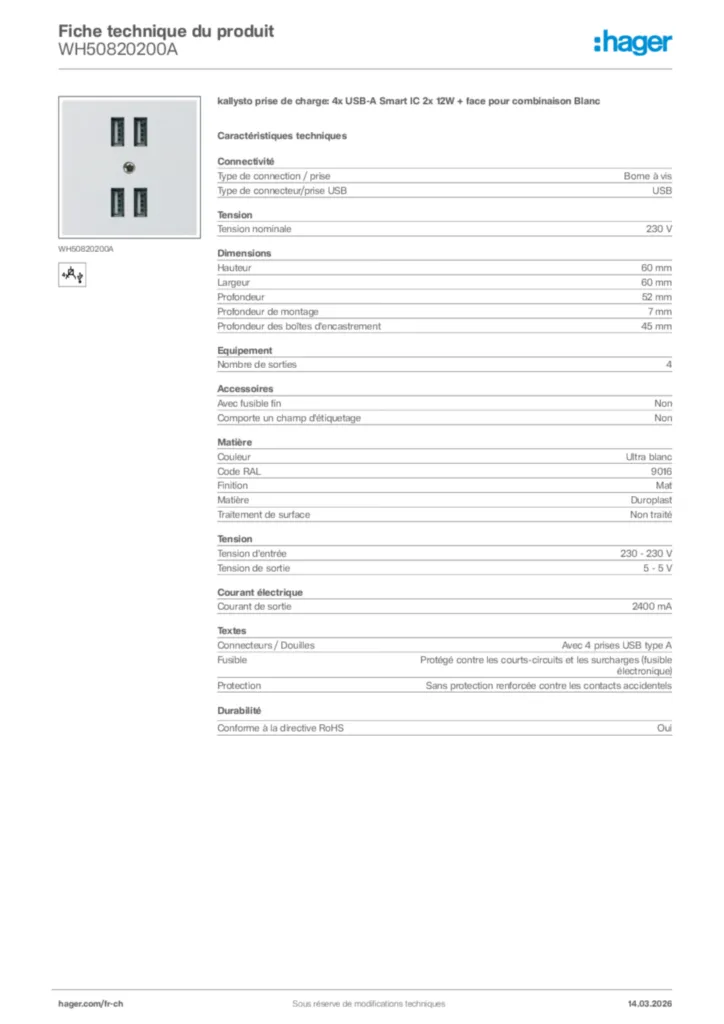 Image Hager Fiche technique du produit WH50820200A | Hager Suisse