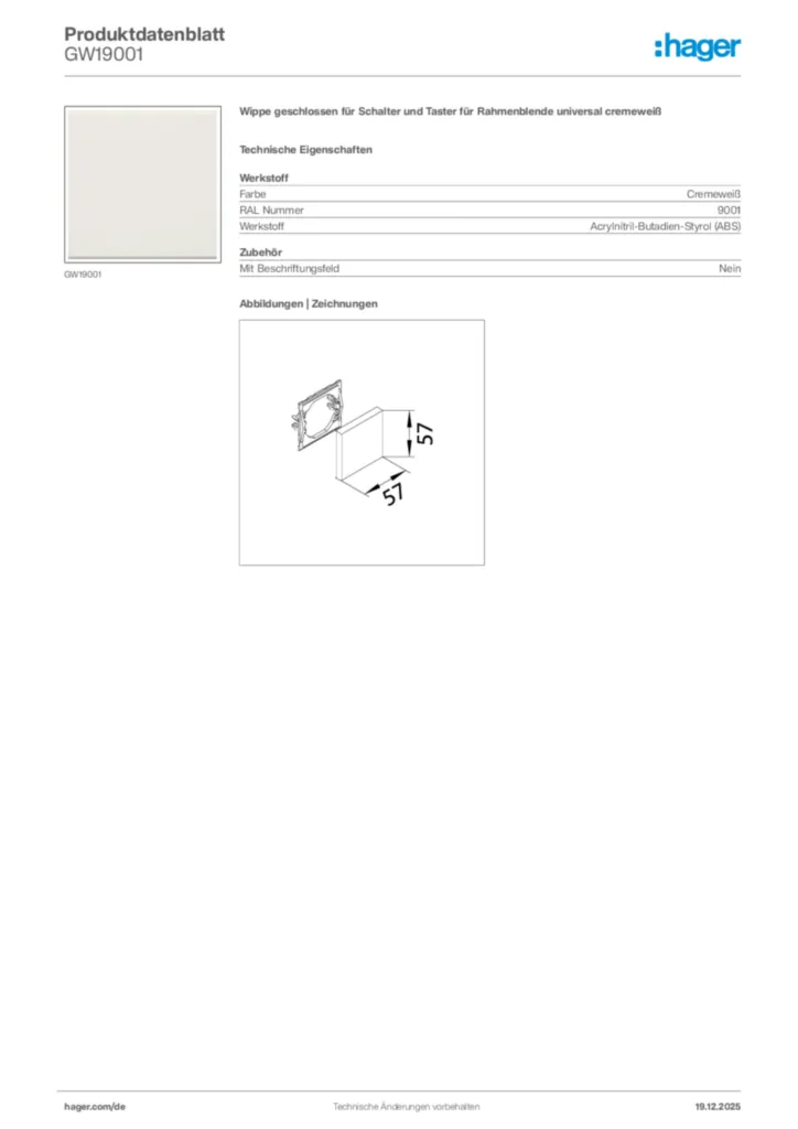 Bild Hager Produktdatenblatt GW19001 | Hager Deutschland