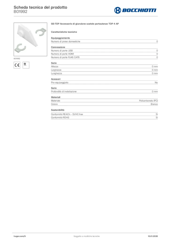Immagine Bocchiotti Scheda tecnica del prodotto B01992 | Hager Italia