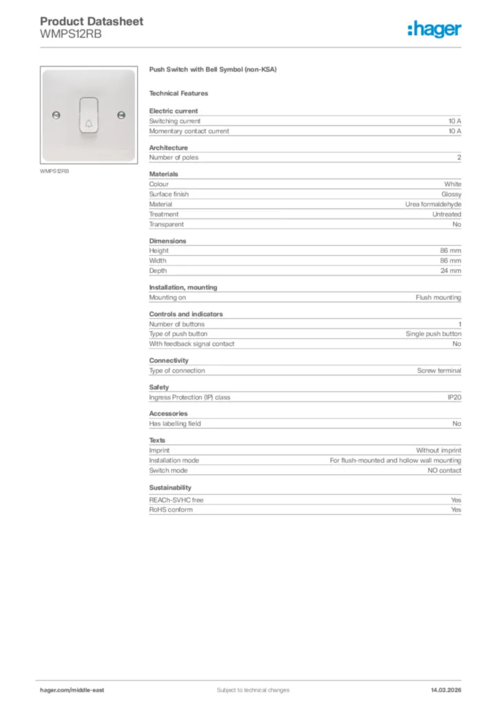 Image Hager Product data sheet WMPS12RB  | Hager