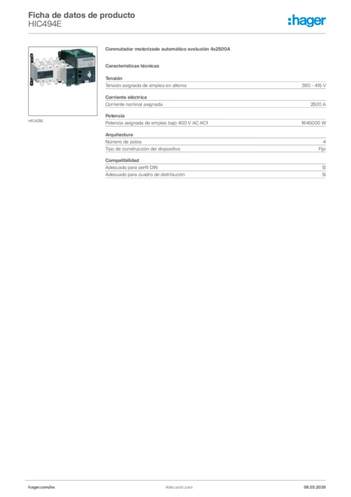 Imagen Hager Ficha de datos de producto HIC494E | Hager España