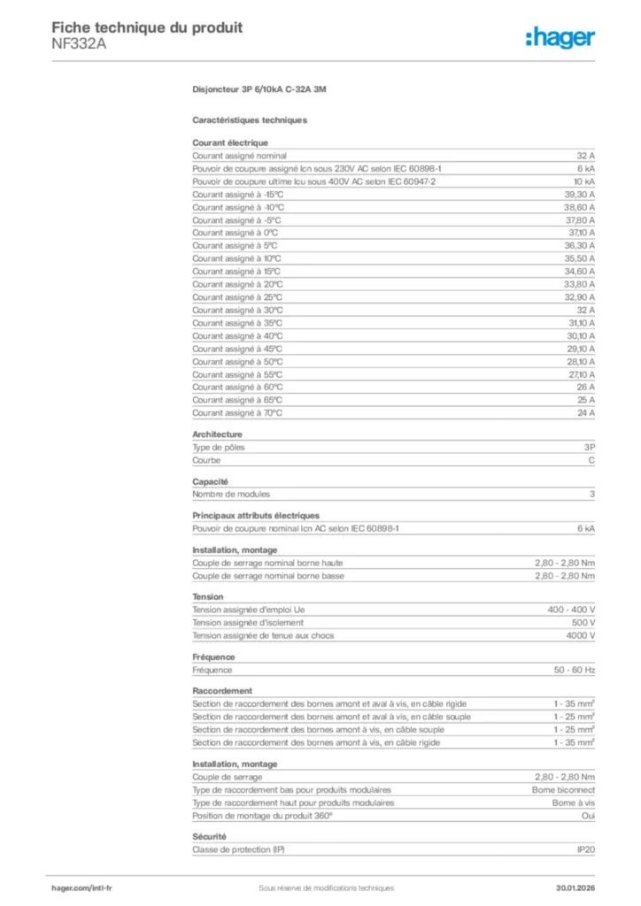 Image Hager Fiche technique du produit NF332A | Hager Afrique