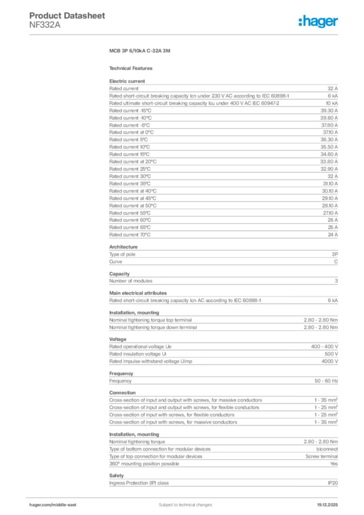Image Hager Product data sheet NF332A  | Hager