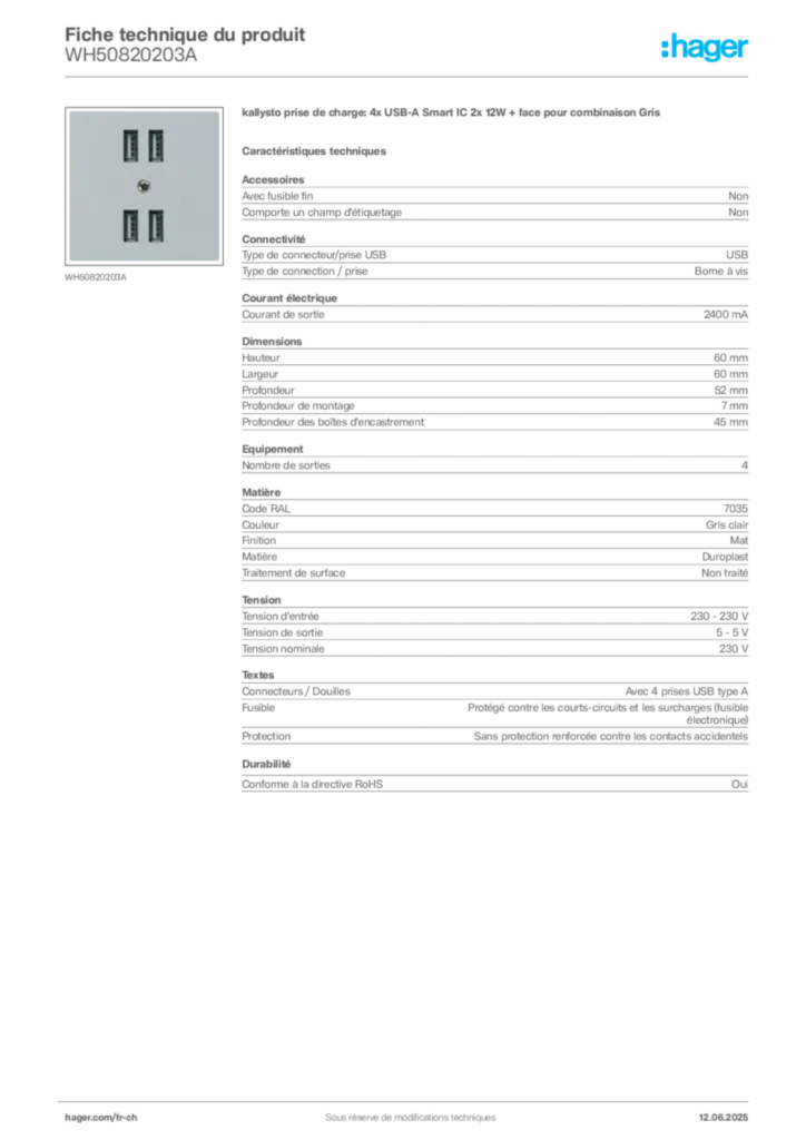 Image Hager Fiche technique du produit WH50820203A | Hager Suisse