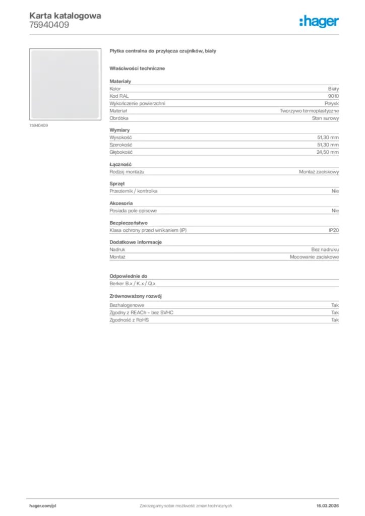 Zdjęcie Hager Karta katalogowa 75940409 | Hager Polska
