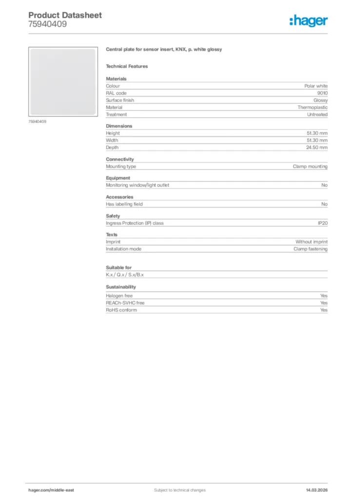 Image Hager Product data sheet 75940409  | Hager