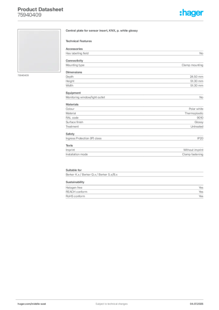 Image Hager Product data sheet 75940409  | Hager