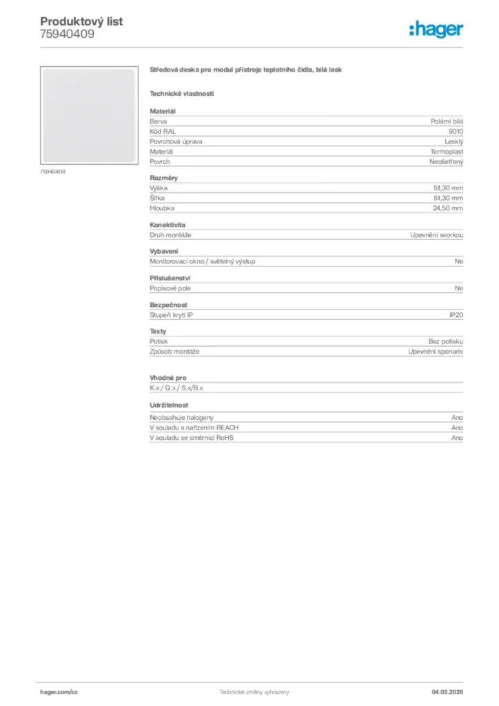 Obrázek Hager Product data sheet 75940409 | Hager
