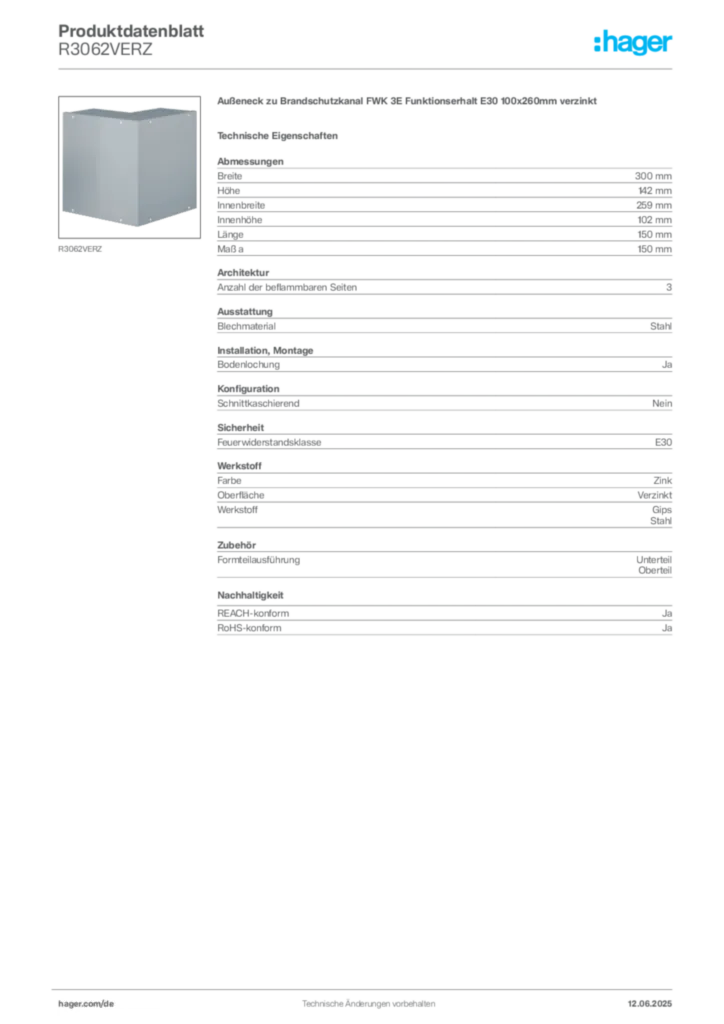 Hager Produktdatenblatt R3062VERZ