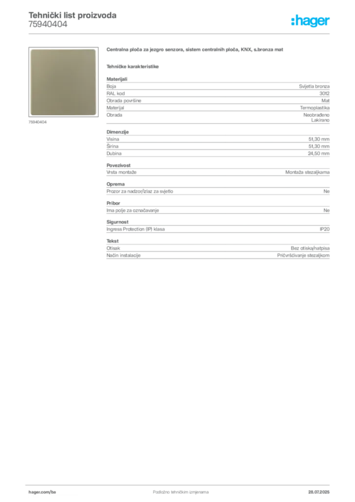 Slika Hager Product data sheet 75940404  | Hager