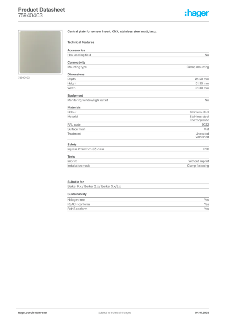 Image Hager Product data sheet 75940403  | Hager