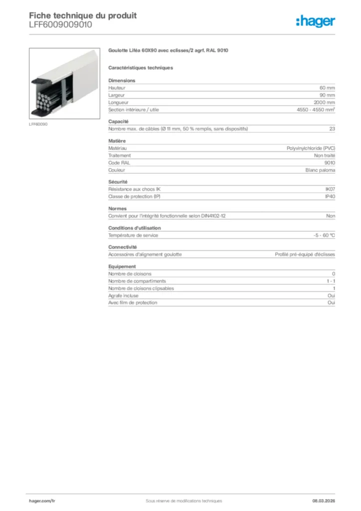 Image Hager Fiche technique du produit LFF6009009010 | Hager France