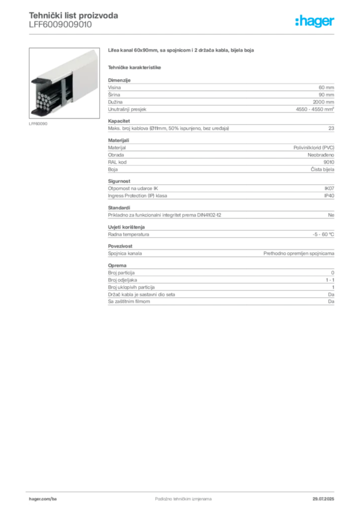 Slika Hager Product data sheet LFF6009009010  | Hager