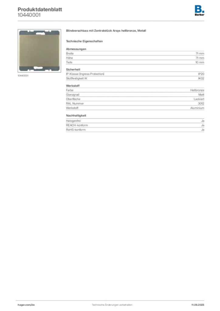 Bild Berker Produktdatenblatt 10440001 | Hager Deutschland