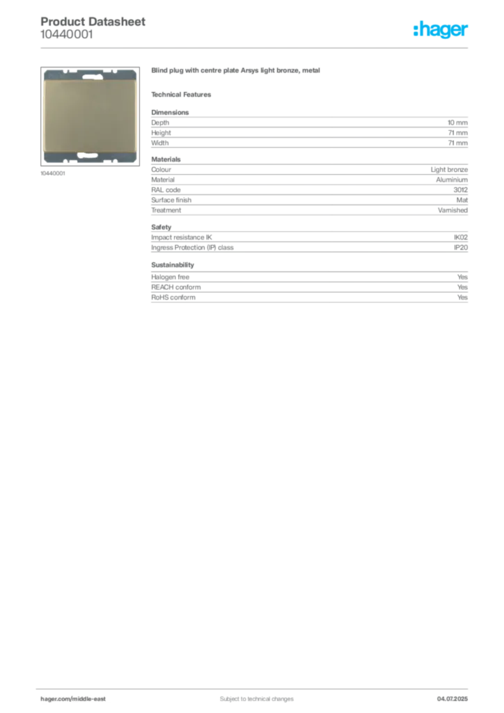 Image Hager Product data sheet 10440001  | Hager