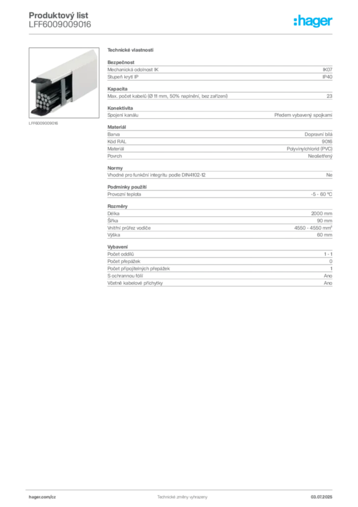Obrázek Hager Produktový list LFF6009009016 | Hager