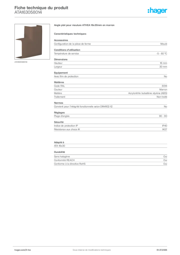 Image Hager Fiche technique du produit ATA163058014 | Hager Belgique