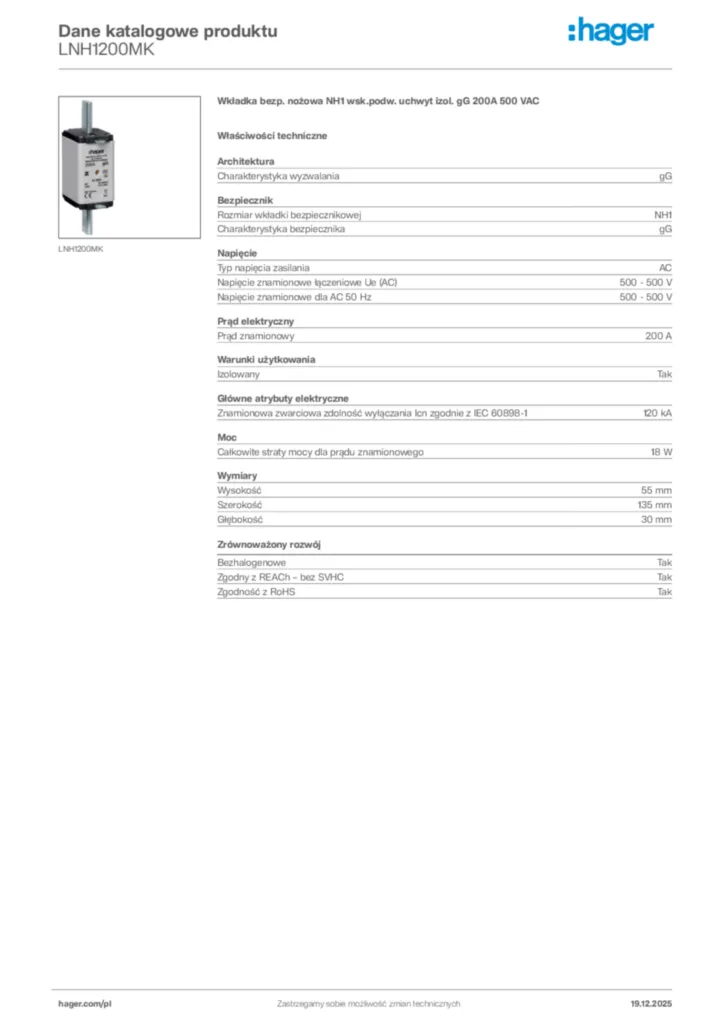 Zdjęcie Hager Karta katalogowa LNH1200MK | Hager Polska