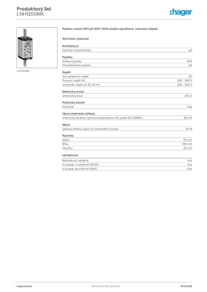 Obrázek Hager Produktový list LNH1200MK | Hager