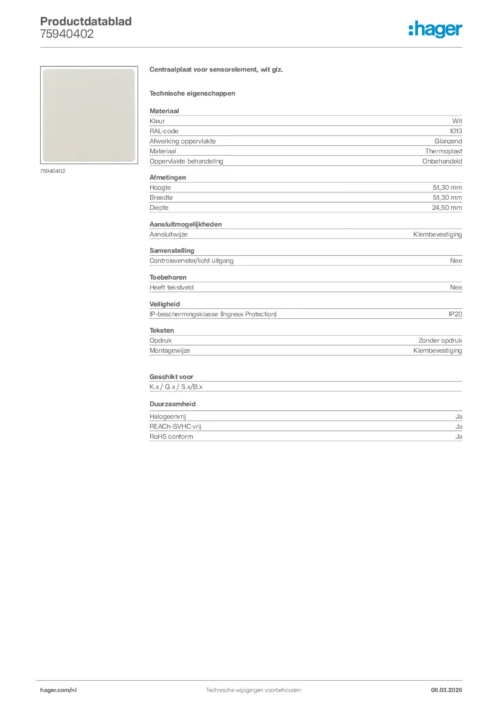 Afbeelding Hager Productdatablad 75940402 | Hager Nederland