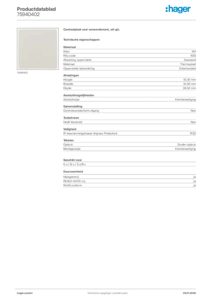 Afbeelding Hager Productdatablad 75940402 | Hager Nederland