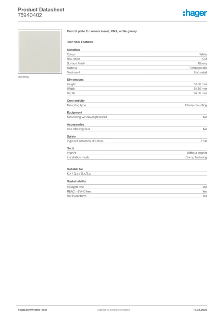 Image Hager Product data sheet 75940402  | Hager