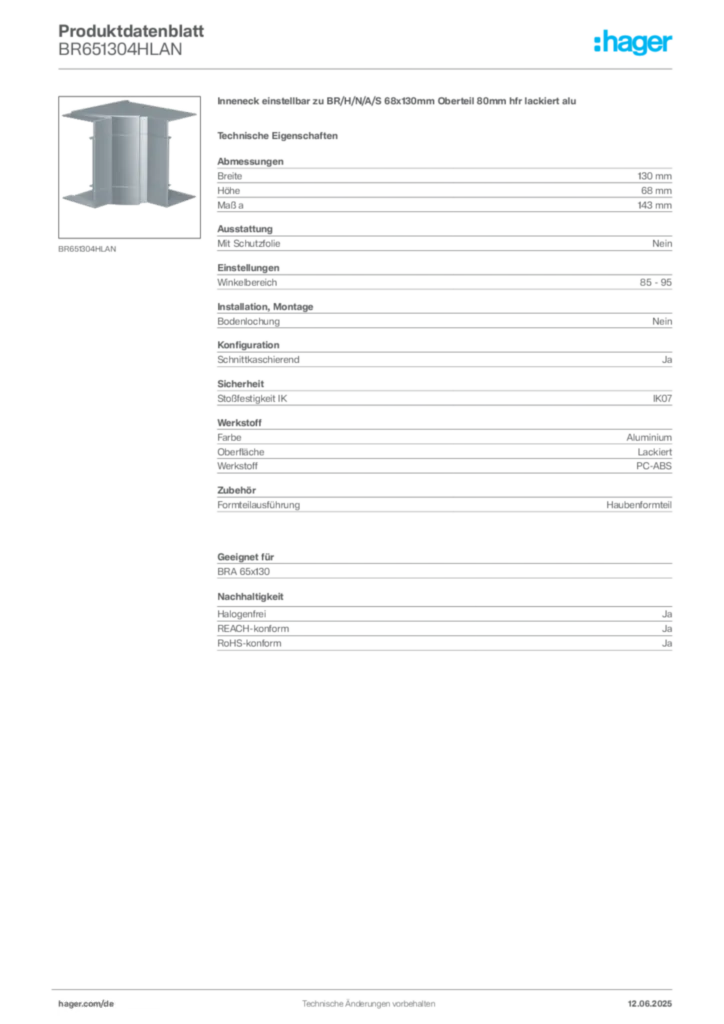 Bild Hager Produktdatenblatt BR651304HLAN | Hager Deutschland