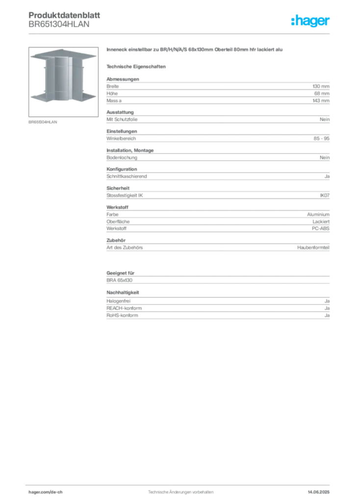 Bild Hager Produktdatenblatt BR651304HLAN | Hager Schweiz