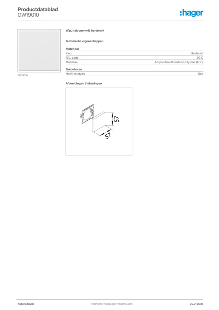 Afbeelding Hager Productdatablad GW19010 | Hager Nederland