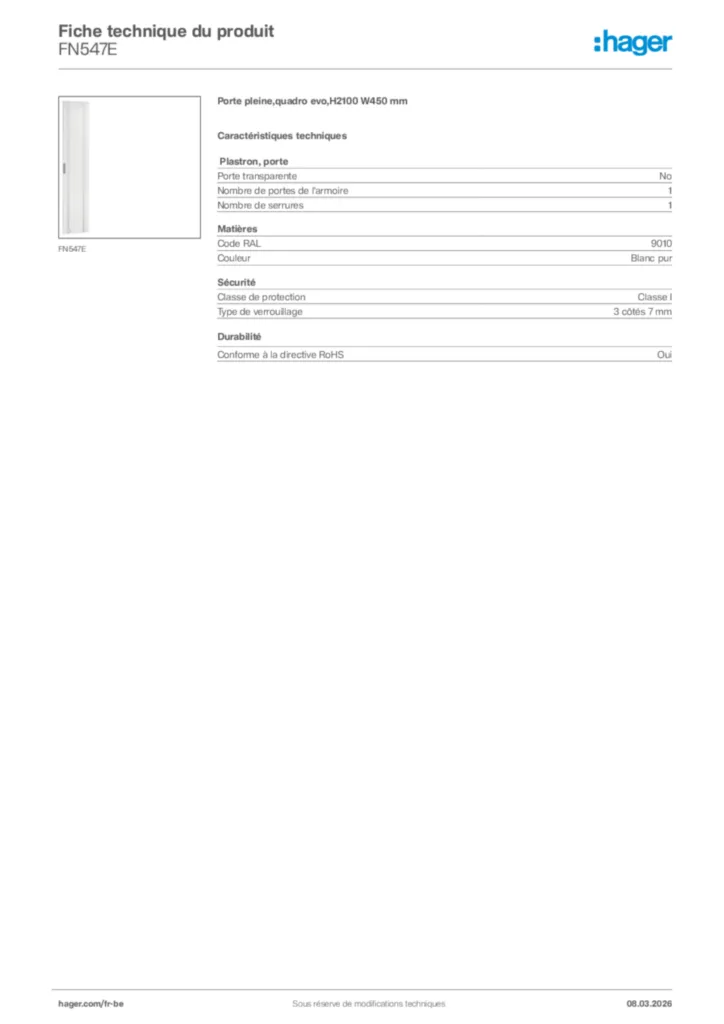 Image Hager Fiche technique du produit FN547E | Hager Belgique