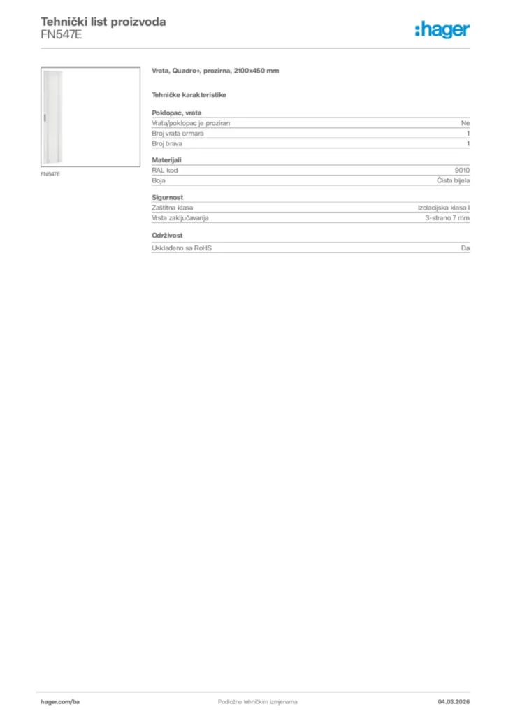 Slika Hager Tehnički list proizvoda FN547E  | Hager