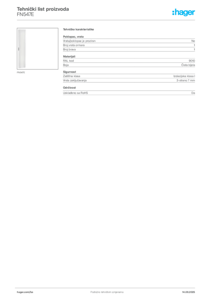 Slika Hager Product data sheet FN547E  | Hager