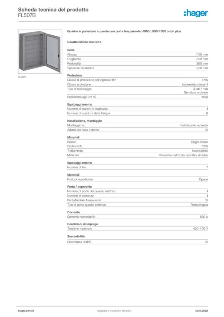 Immagine Hager Scheda tecnica del prodotto FL507B | Hager Italia