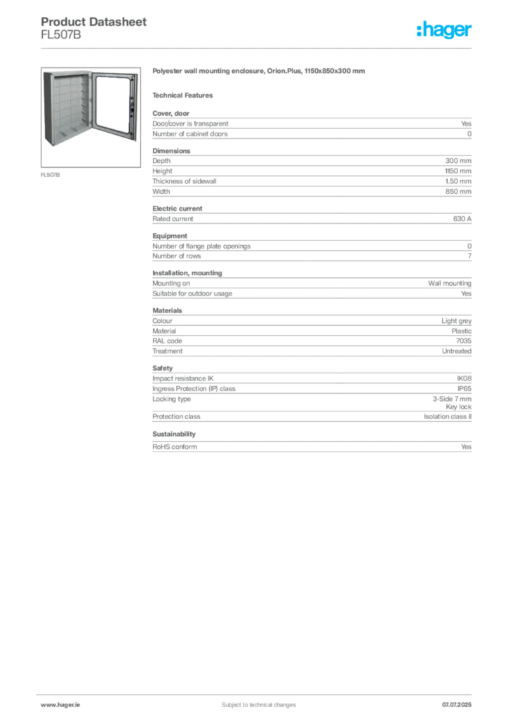 Image Hager Product data sheet FL507B  | Hager