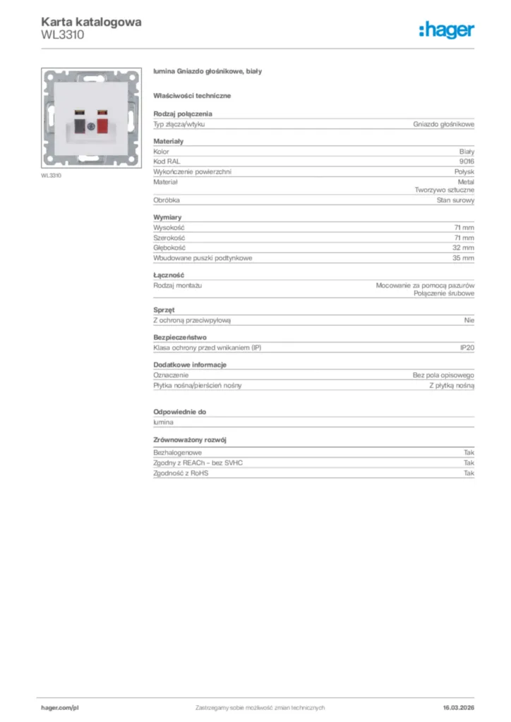 Zdjęcie Hager Karta katalogowa WL3310 | Hager Polska