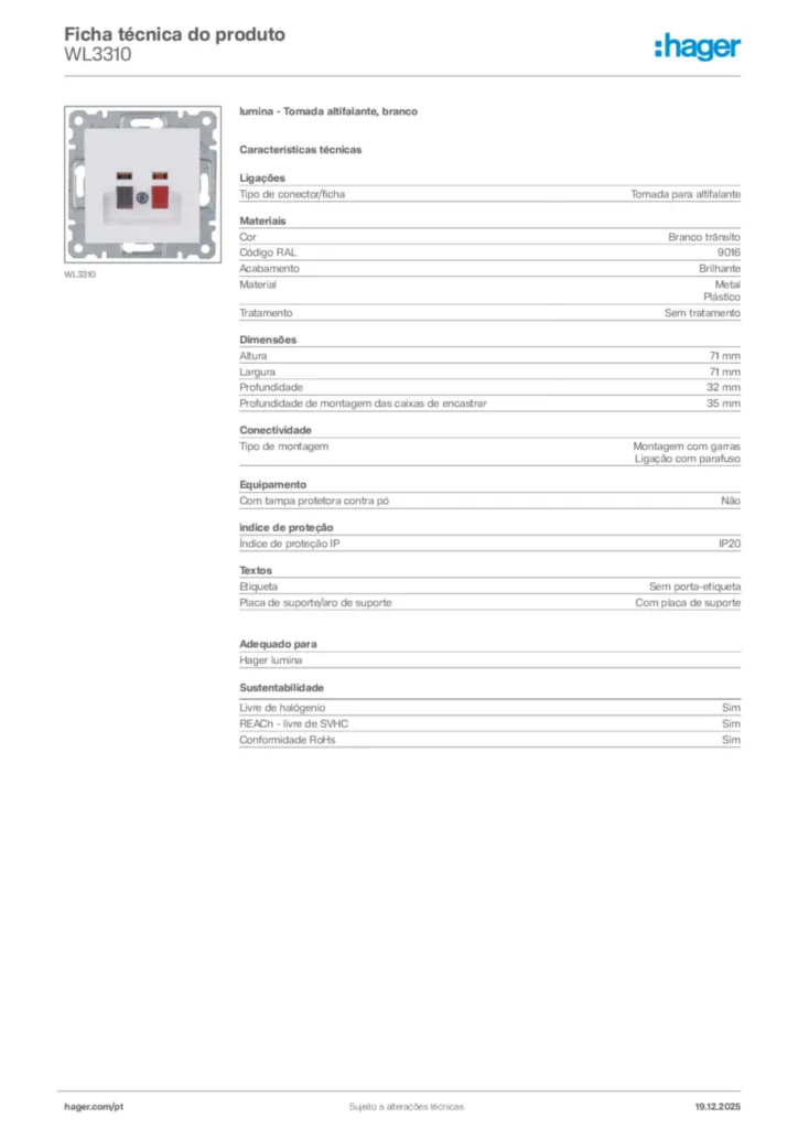 Imagem Hager Ficha técnica do produto WL3310 | Hager Portugal