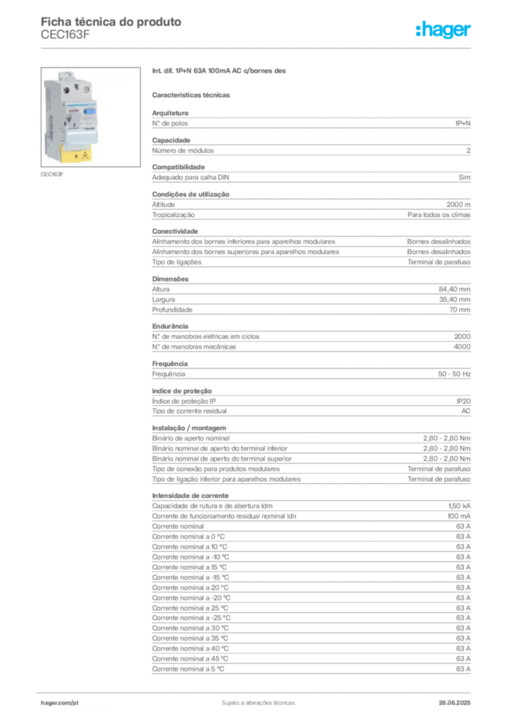 Imagem Hager Ficha técnica do produto CEC163F | Hager Portugal