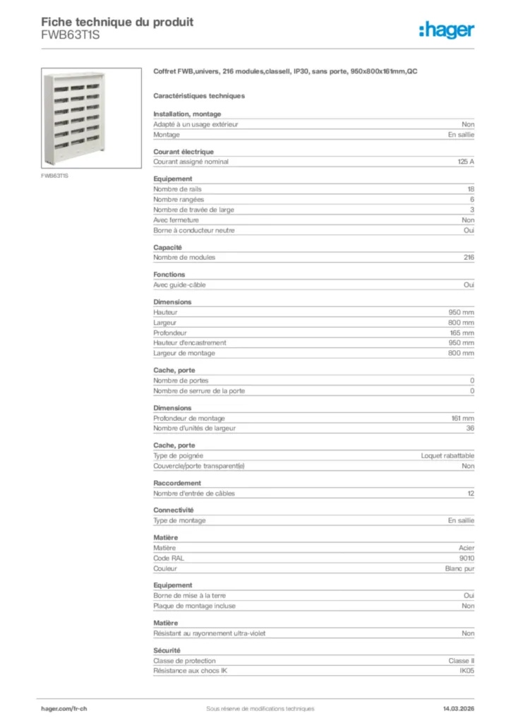 Image Hager Fiche technique du produit FWB63T1S | Hager Suisse