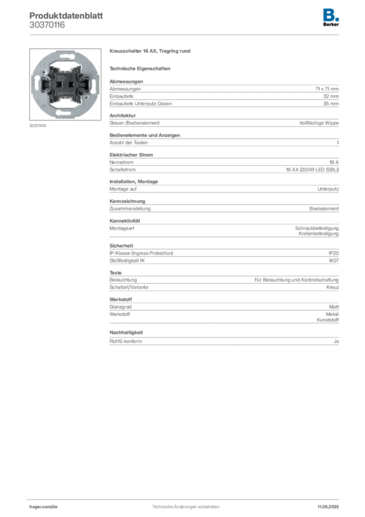 Bild Berker Produktdatenblatt 30370116 | Hager Deutschland