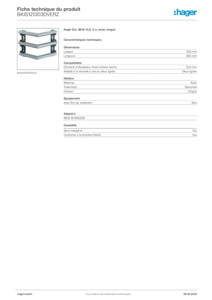 Image Hager Fiche technique du produit BKIS121303DVERZ | Hager France