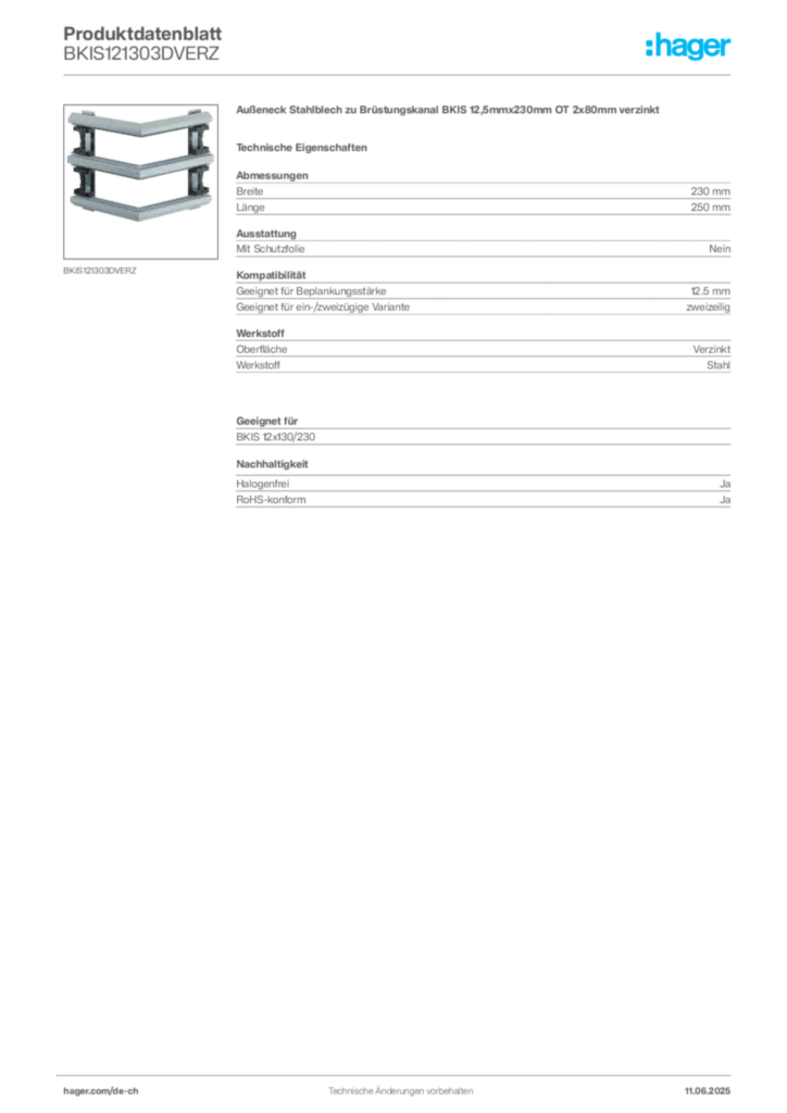Bild Hager Produktdatenblatt BKIS121303DVERZ | Hager Schweiz