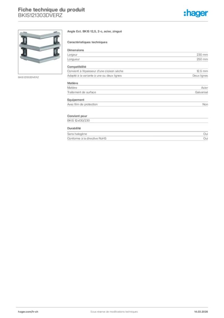 Image Hager Fiche technique du produit BKIS121303DVERZ | Hager Suisse