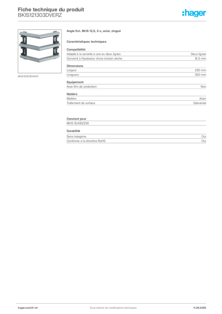Image Hager Fiche technique du produit BKIS121303DVERZ | Hager Suisse