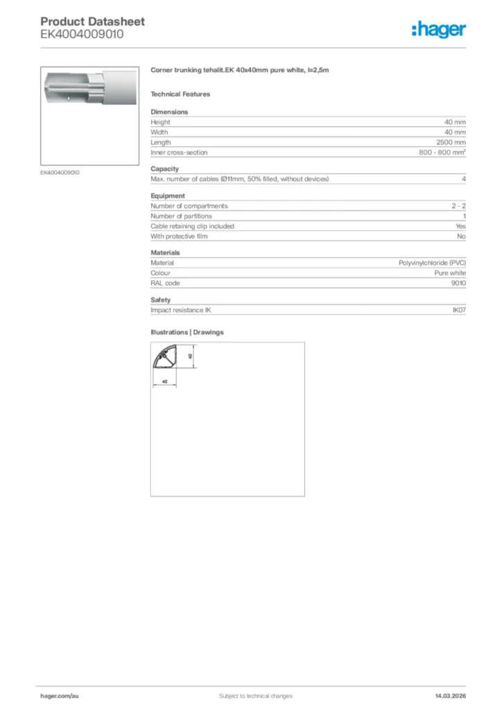 Image Hager Product data sheet EK4004009010  | Hager Australia