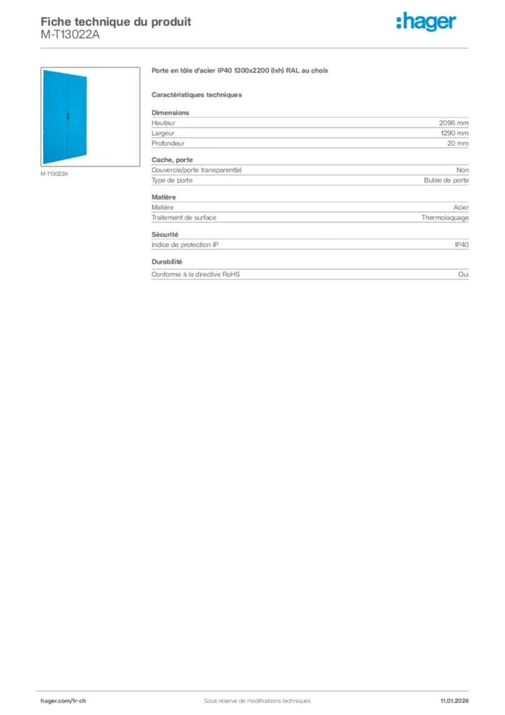 Image Hager Fiche technique du produit M-T13022A | Hager Suisse