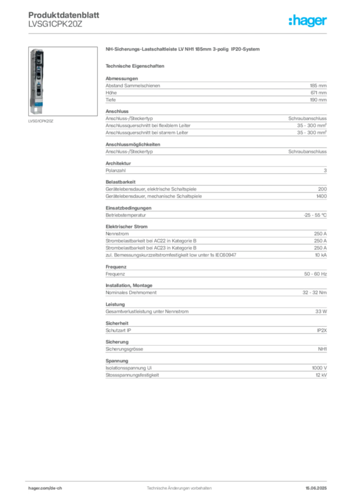 Bild Hager Produktdatenblatt LVSG1CPK20Z | Hager Schweiz