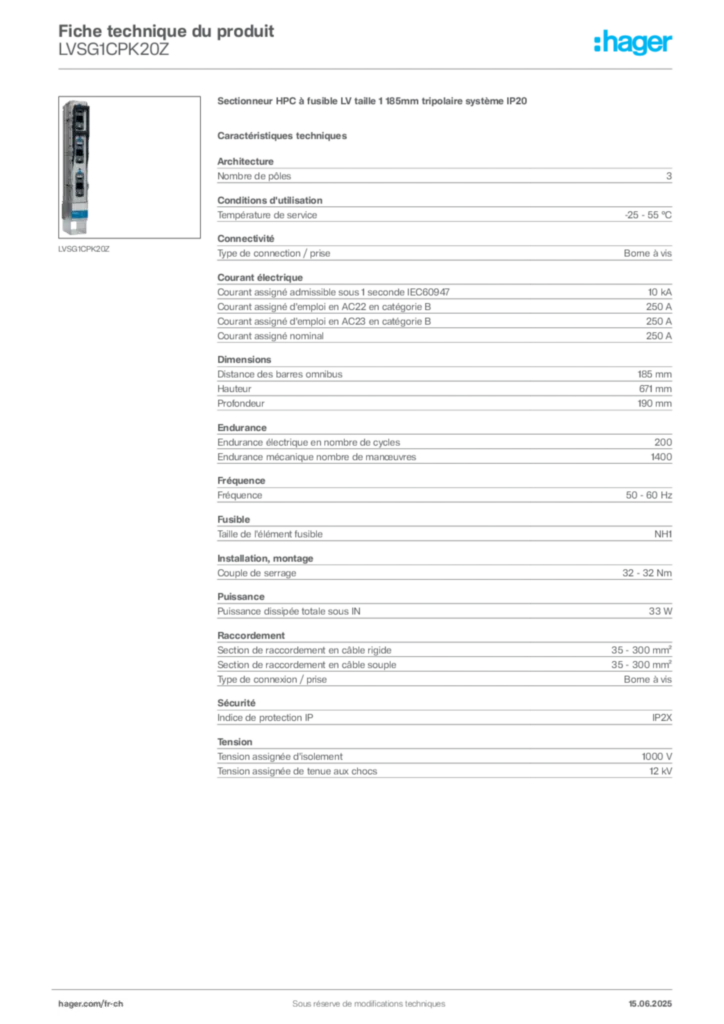 Image Hager Fiche technique du produit LVSG1CPK20Z | Hager Suisse