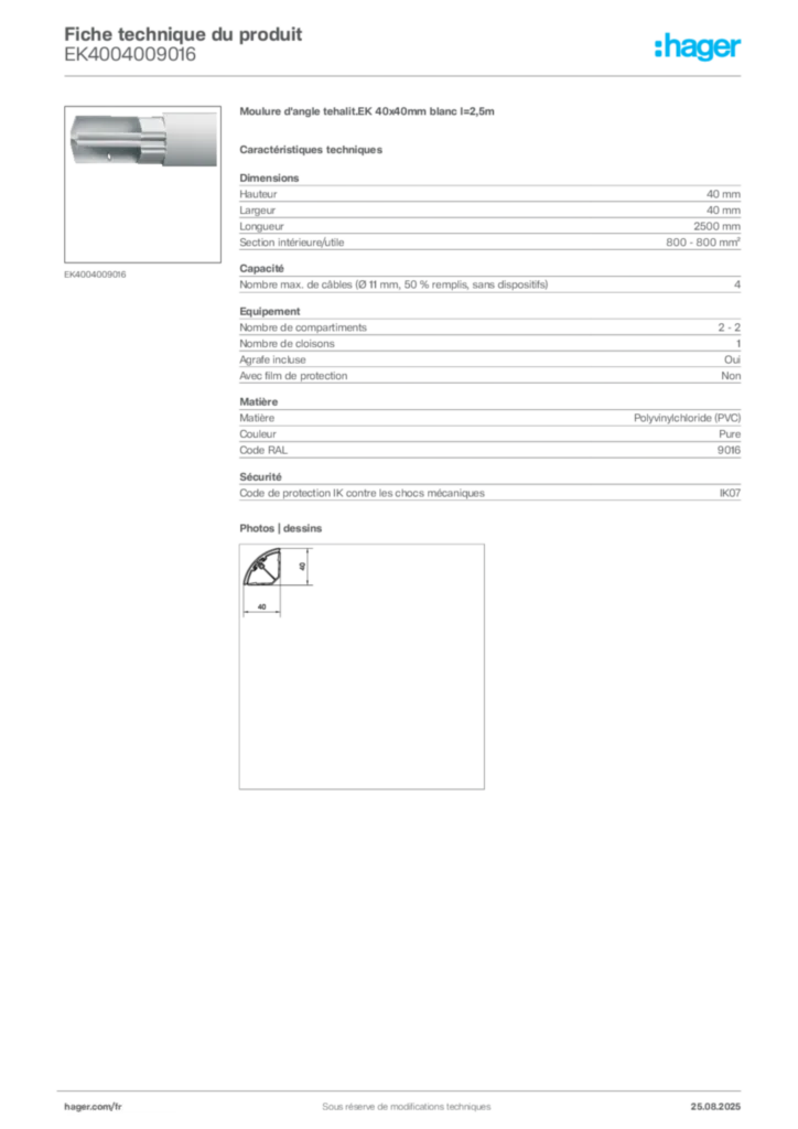 Image Hager Fiche technique du produit EK4004009016 | Hager France