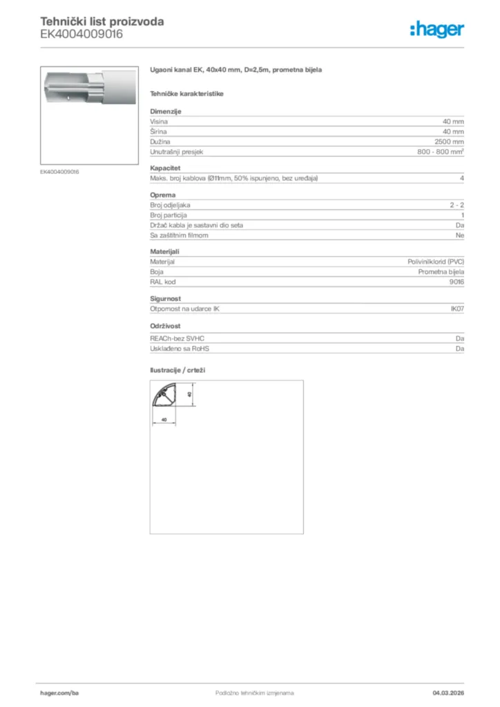 Slika Hager Tehnički list proizvoda EK4004009016  | Hager