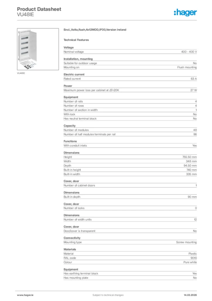 Image Hager Product data sheet VU48IE  | Hager